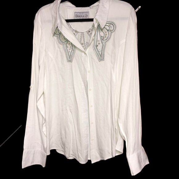 Grace in L.A. Heavily Embellished Western Style Button-up Shirt, Roll-tab Sleeve - Picture 1 of 9